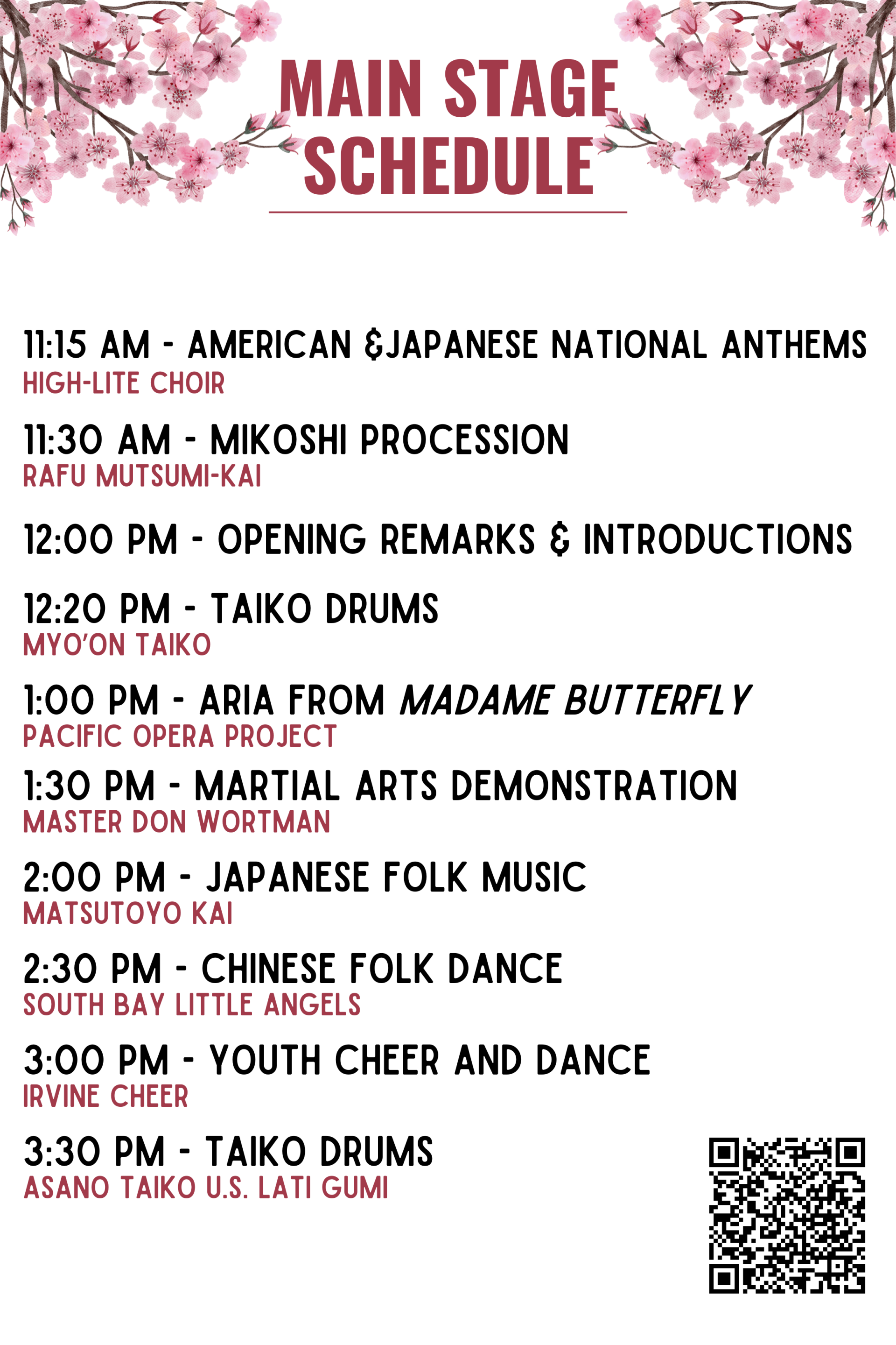 CHERRY BLOSSOM CULTURAL FESTIVAL STAGE SCHEDULE