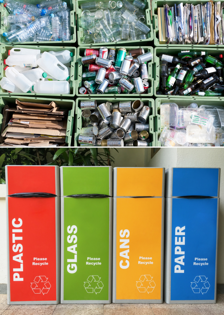 Image of different recycled materials and bins